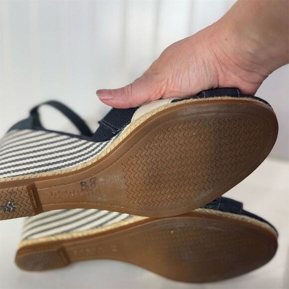 Sperry Top-Sider 9.5 Navy Tan Espadrille Wedge Sandals Striped Nautical Summer - Picture 5 of 6
